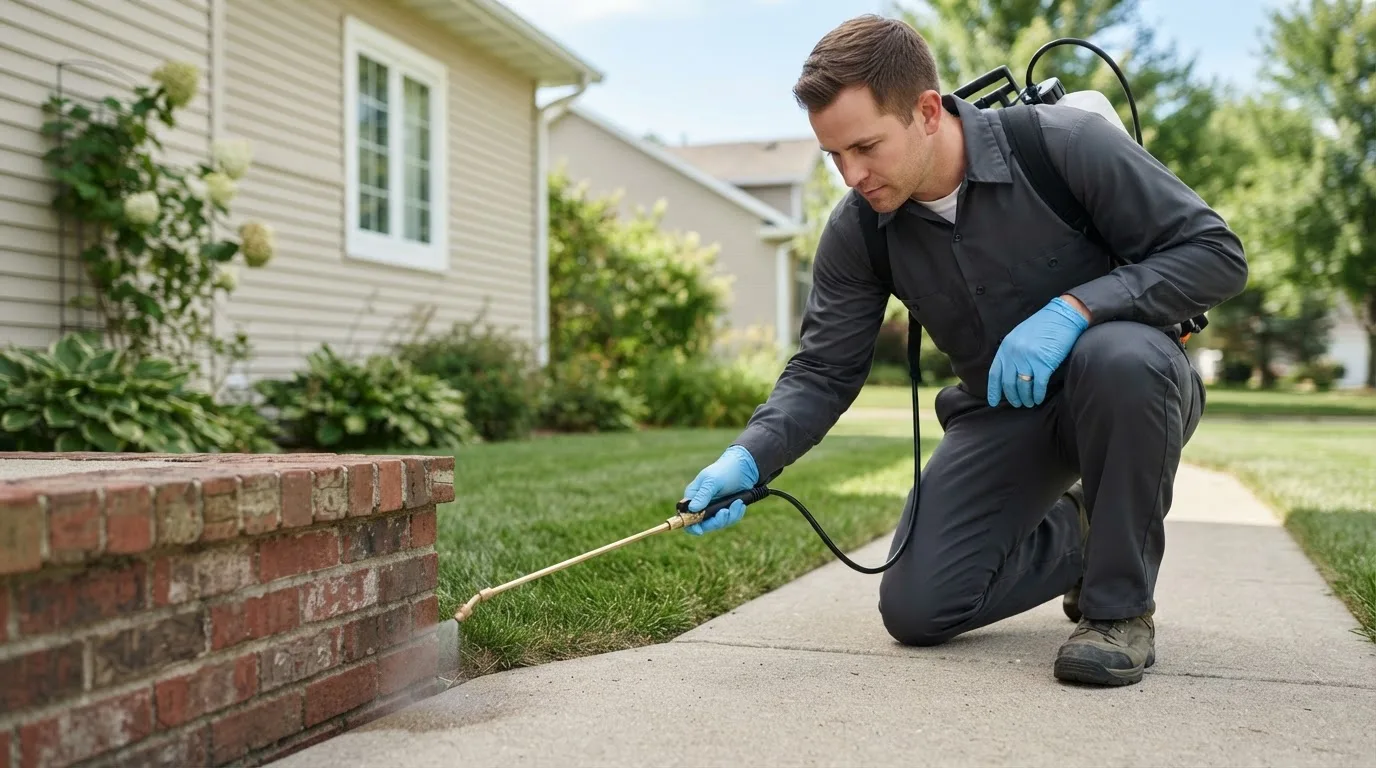 Pest control technician treating a home near Westby, WI